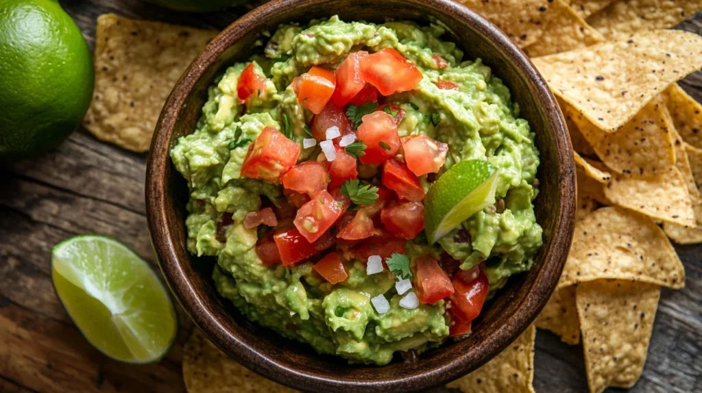 A bowl of fresh, creamy guacamole garnished with lime and surrounded by tortilla chips, ready to serve