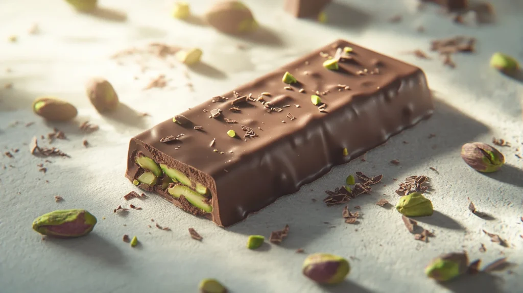 A decadent chocolate bar split in half, filled with a bright and creamy pistachio filling