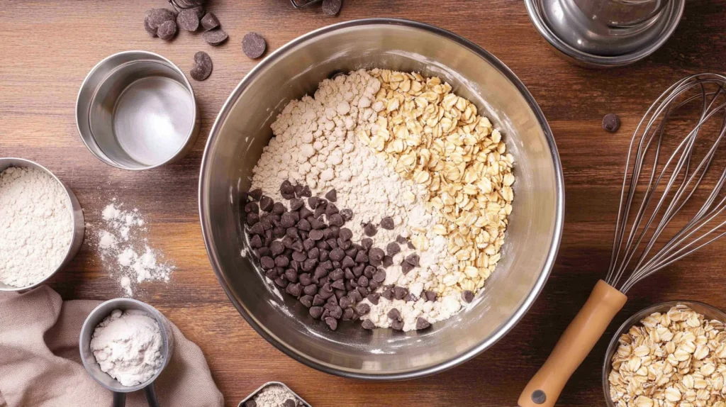 A mixing bowl with protein cookie ingredients, including protein powder, oats, and chocolate chips, with measuring cups and a whisk beside it on a wooden countertop