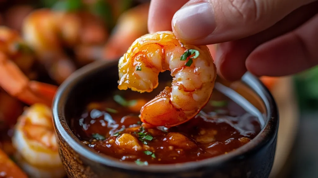 A person dipping a shrimp into seafood boil sauce