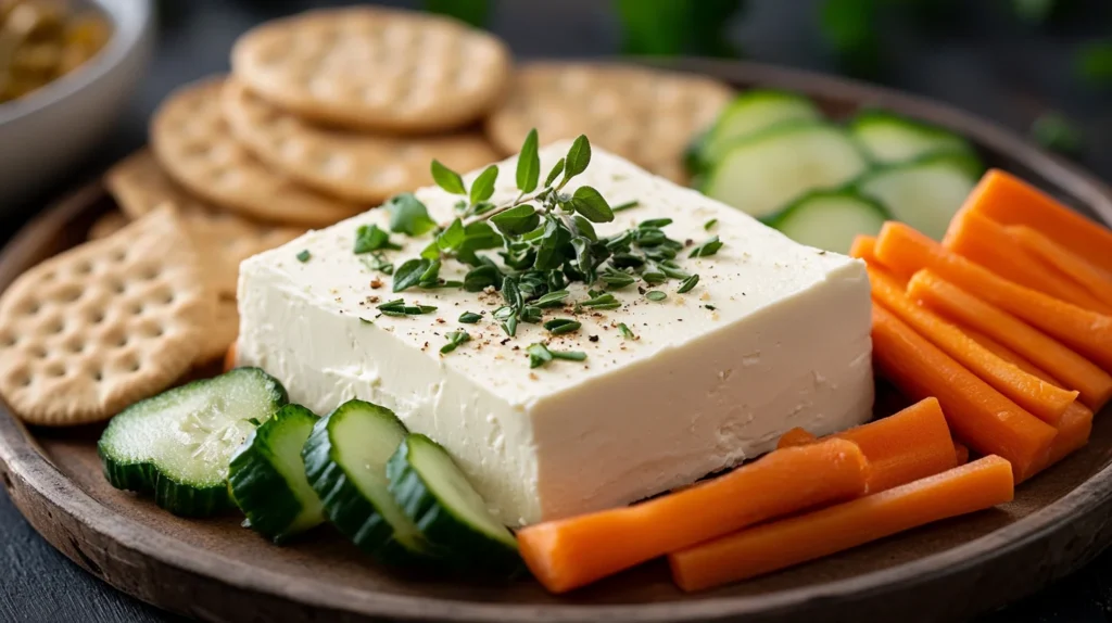 A plated smoked cream cheese block, garnished with herbs and served alongside crackers and sliced vegetables, styled on a rustic platter