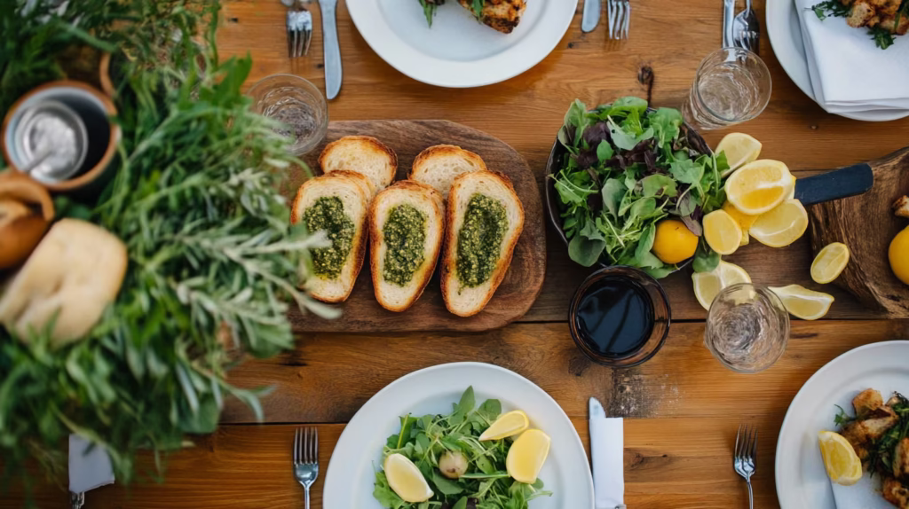 A rustic table setup with pesto spread on toasted bread, accompanied by fresh salad greens and lemon wedges