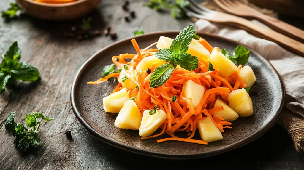An elegant plated dish in a cozy dining setting, showcasing a vibrant carrot and fruit salad. The salad includes grated carrots