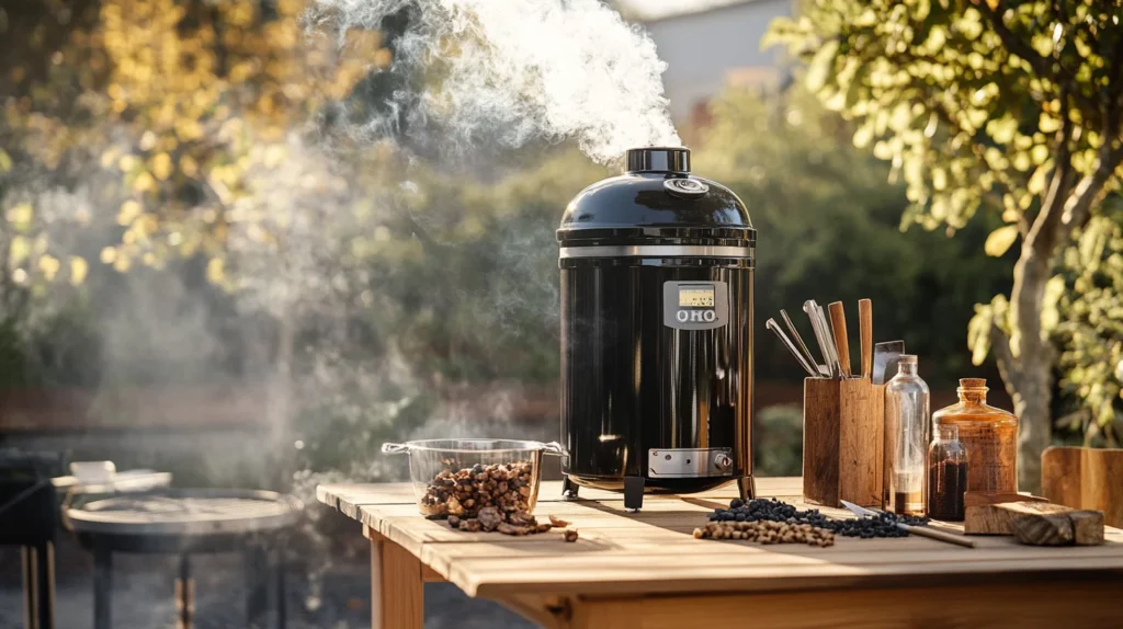 Backyard smoker setup with tools and wood chips