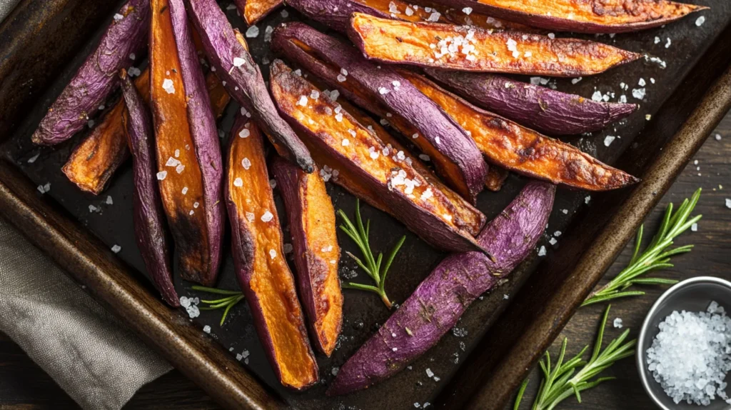 Baked purple sweet potato fries with rosemary and sea salt