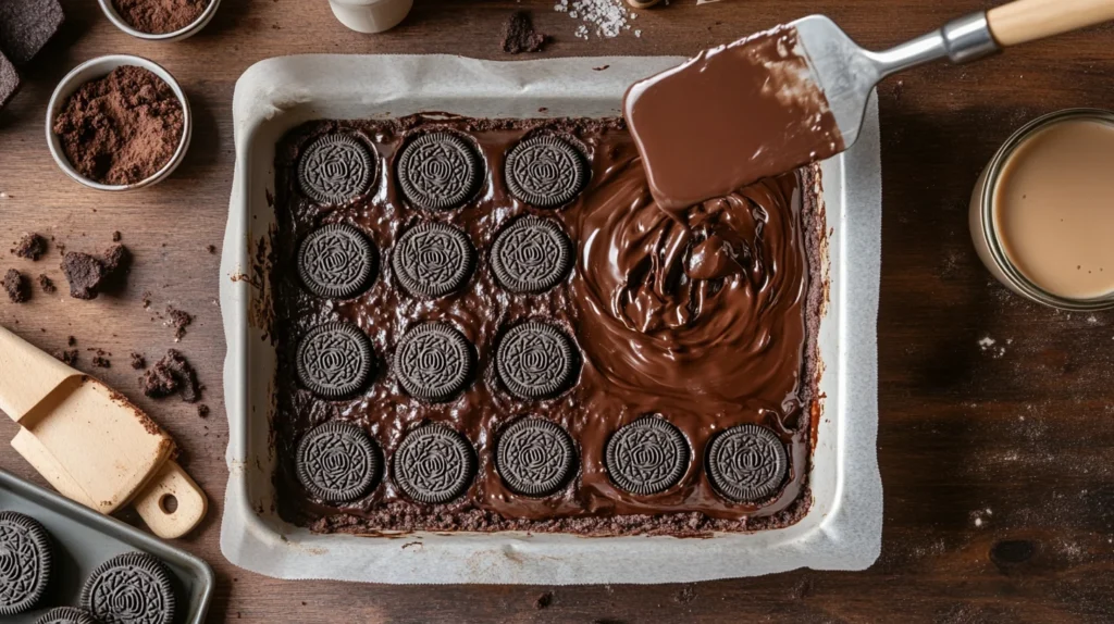 Layering cookie dough, Oreos, and brownie batter in a pan