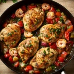 Overhead view of a skillet with golden-brown chicken and shrimp surrounded by fresh herbs and vegetables, styled on a kitchen counter
