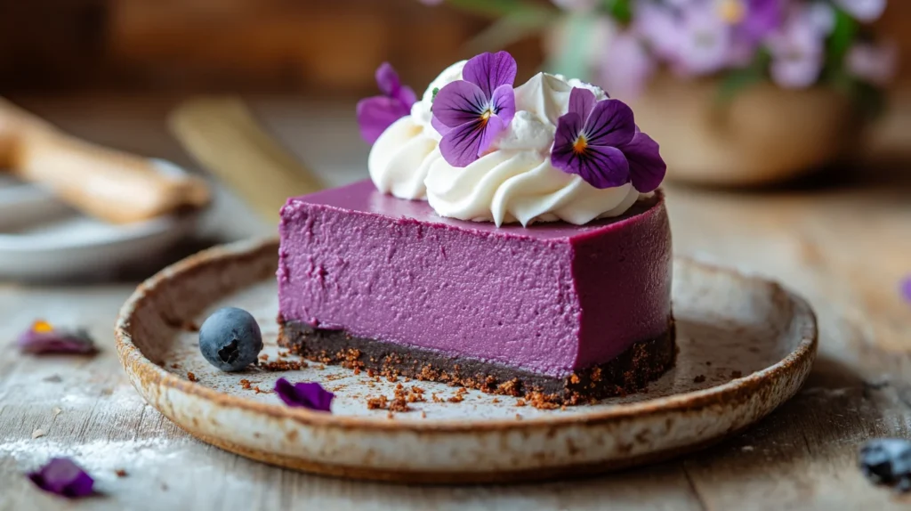 cheesecake with whipped cream and flowers