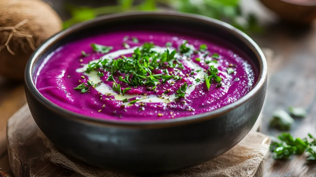 Purple sweet potato soup with coconut cream and herbs