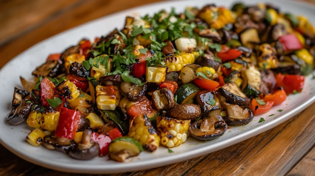 Smoked vegetables platter with colorful charred pieces