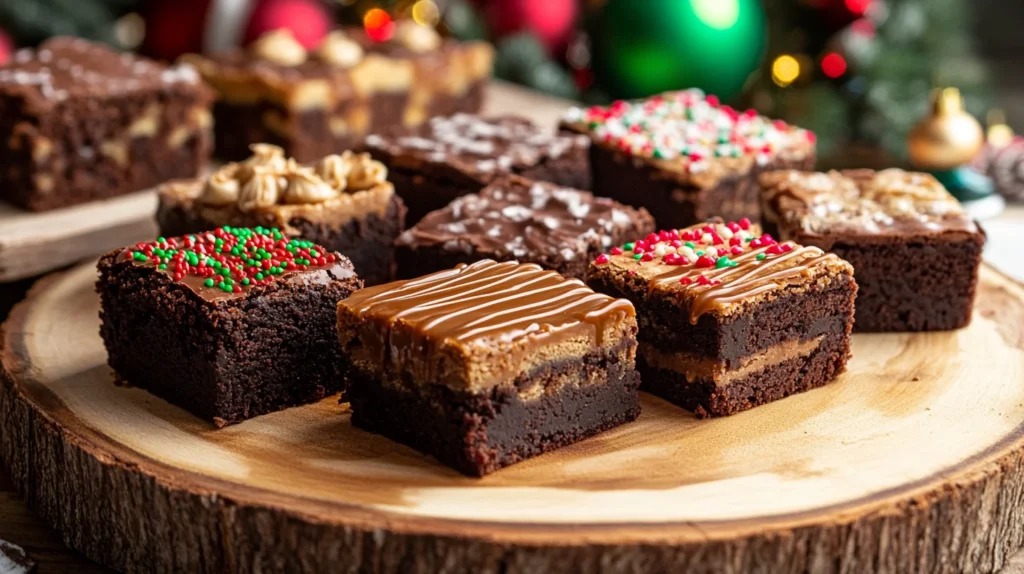 Variety of slutty brownie flavors displayed on a wooden platter