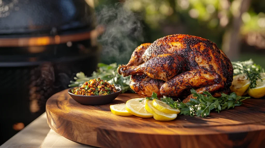 Whole smoked chicken with crispy skin and garnishes