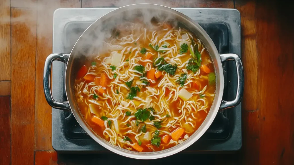Chicken broth simmering with noodles and vegetables in a pot, viewed from above.
