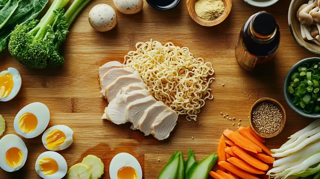 Fresh chicken ramen ingredients—noodles, chicken, vegetables, and seasonings—arranged on a wooden surface