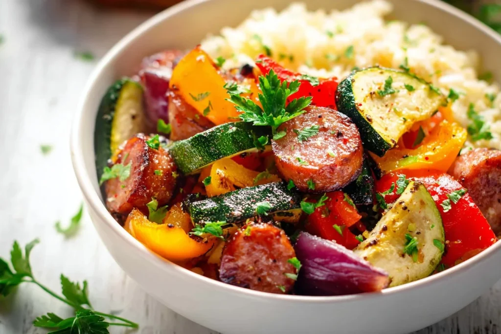10 Minute Air Fryer Chicken Sausage with Colorful Veggies