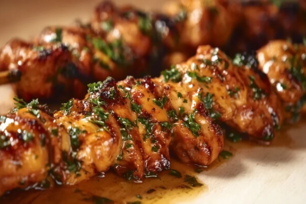 Delicious air fryer chicken skewers arranged on a plate
