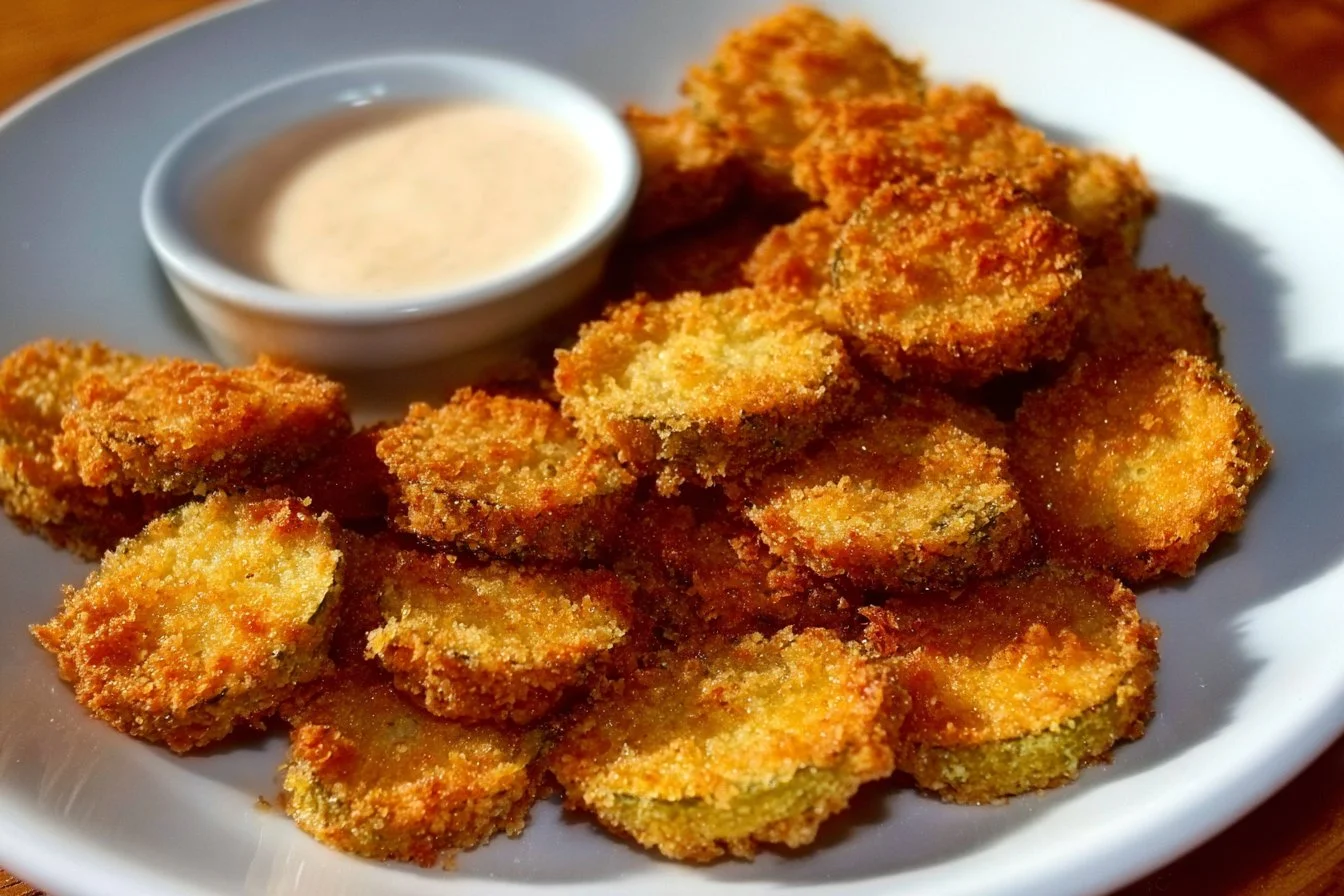 Crispy air fryer fried pickles on a plate ready to eat