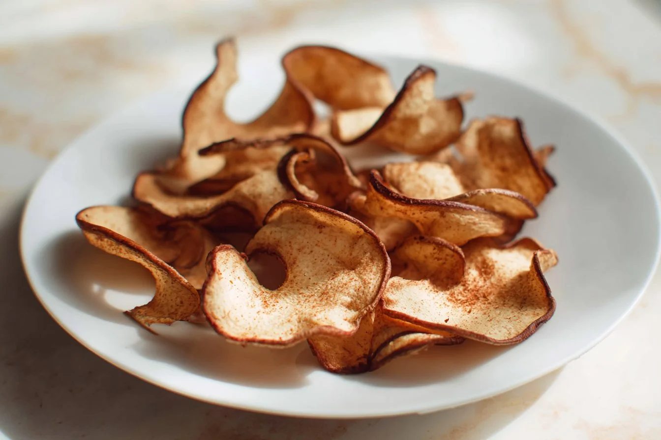 Homemade air fryer apple chips, a healthy snack option.