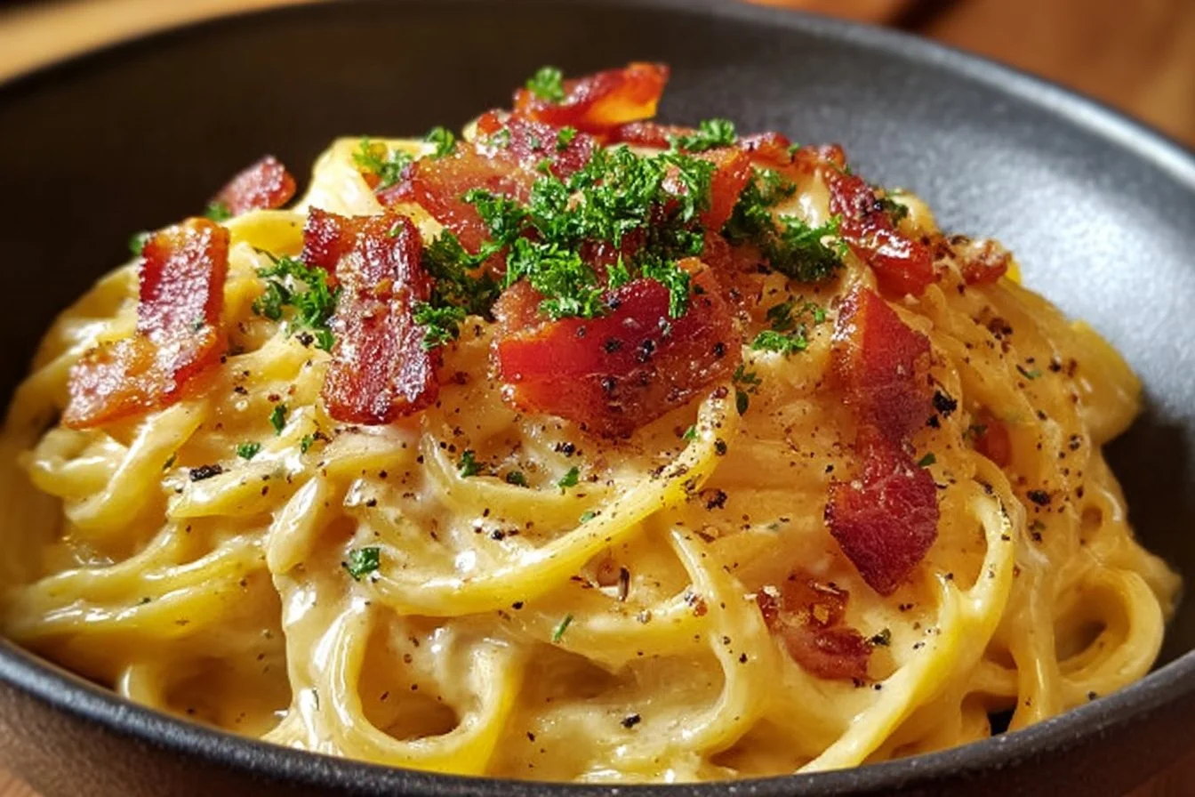 Delicious plate of Bacon Carbonara pasta with creamy sauce and crispy bacon.
