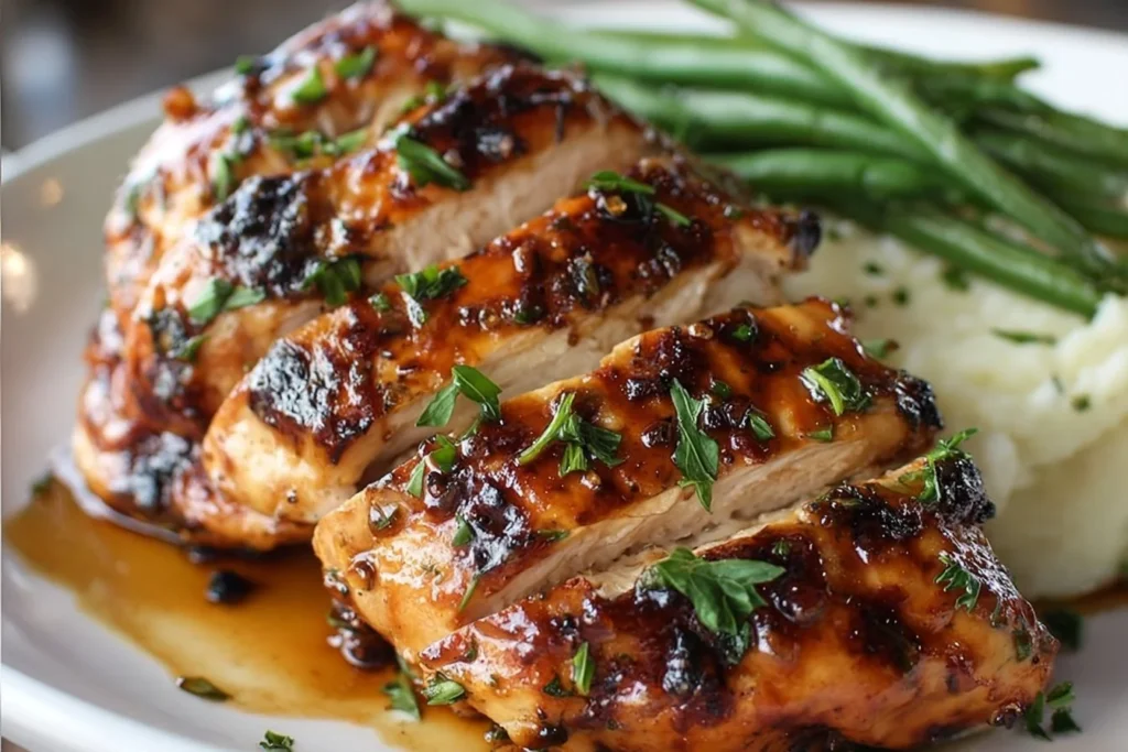 Balsamic baked chicken breast garnished with herbs on a plate