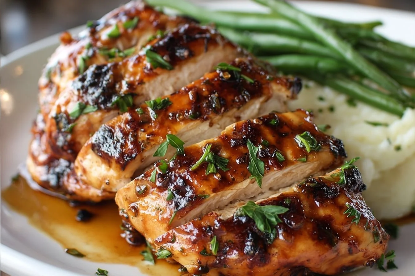 Balsamic baked chicken breast garnished with herbs on a plate