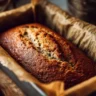 Delicious banana bread slice on a plate with bananas in the background.