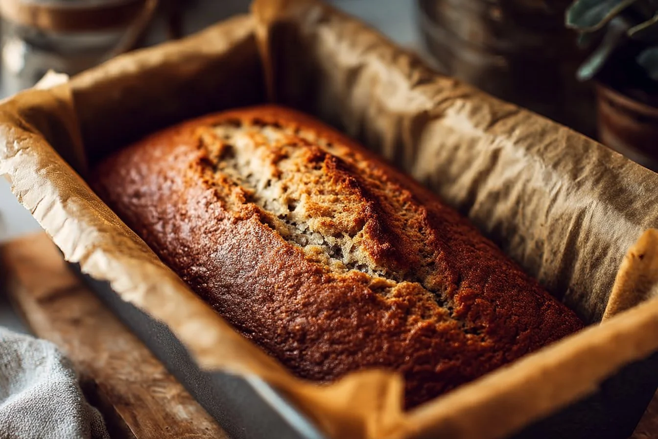 Delicious banana bread slice on a plate with bananas in the background.