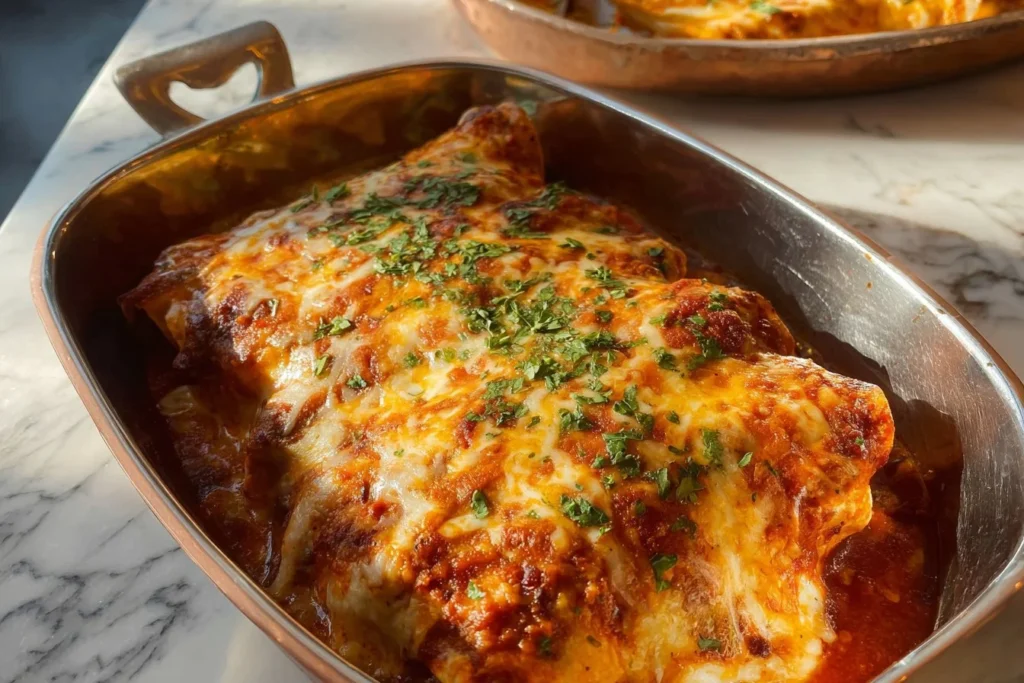 Delicious beef enchiladas topped with sauce and cheese, served on a plate.