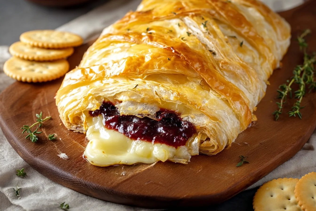 Delicious baked brie wrapped in phyllo dough, topped with herbs and spices.