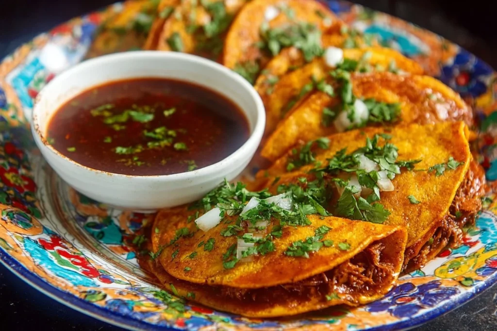 Delicious birria tacos topped with fresh cilantro and onions