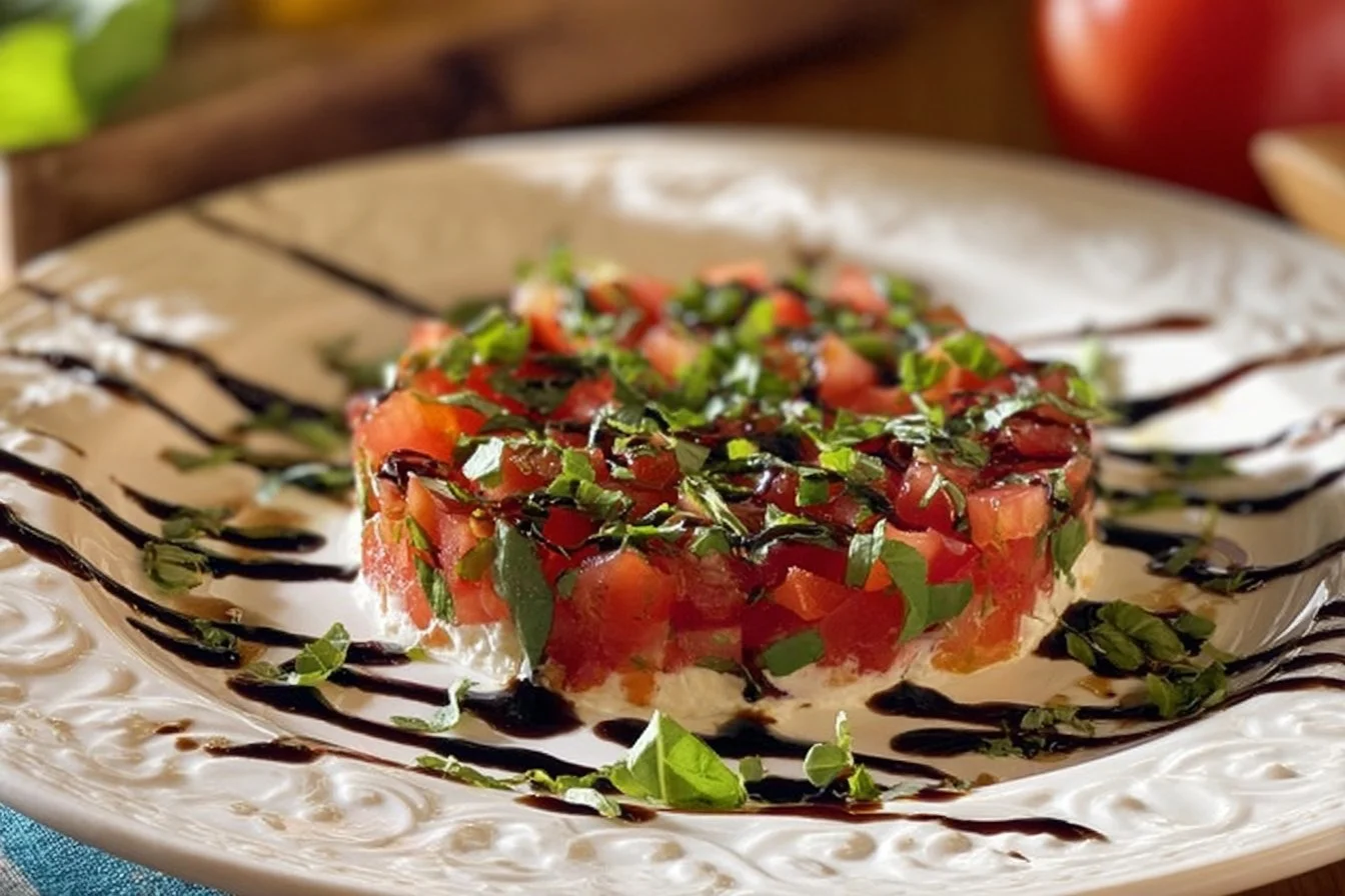 Bowl of flavorful Bruschetta Dip served with fresh bread and vegetables.