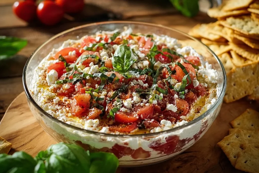 Colorful bruschetta dip served in a bowl with fresh vegetables and toasted bread