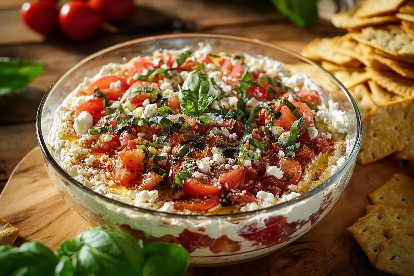 Colorful bruschetta dip served in a bowl with fresh vegetables and toasted bread