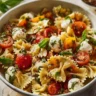 Bruschetta Pasta Salad with mini mozzarella balls in a colorful dish