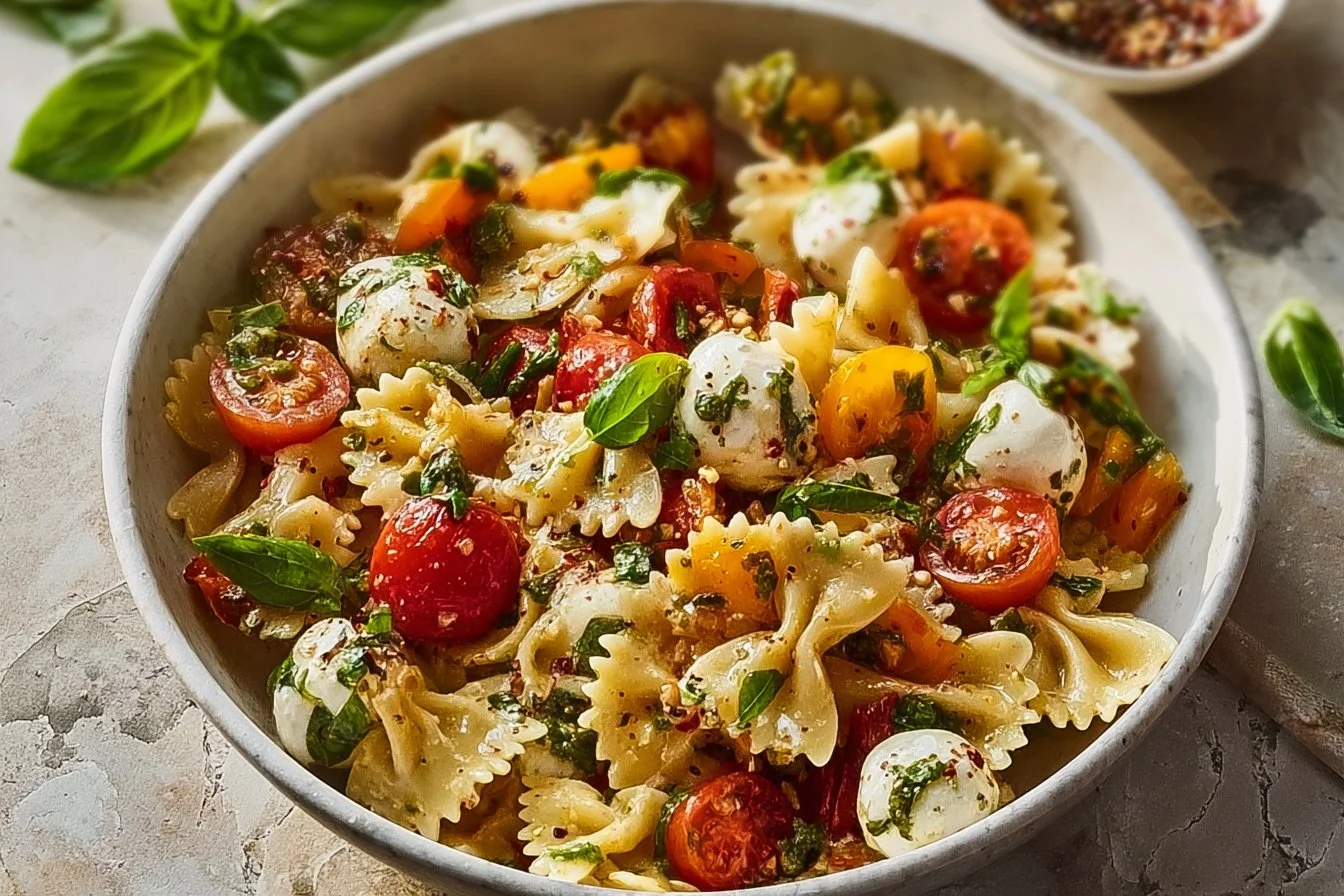 Bruschetta Pasta Salad with mini mozzarella balls in a colorful dish