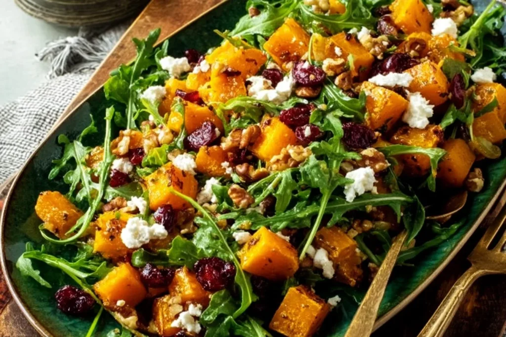 Butternut squash feta salad with greens and nuts served in a bowl