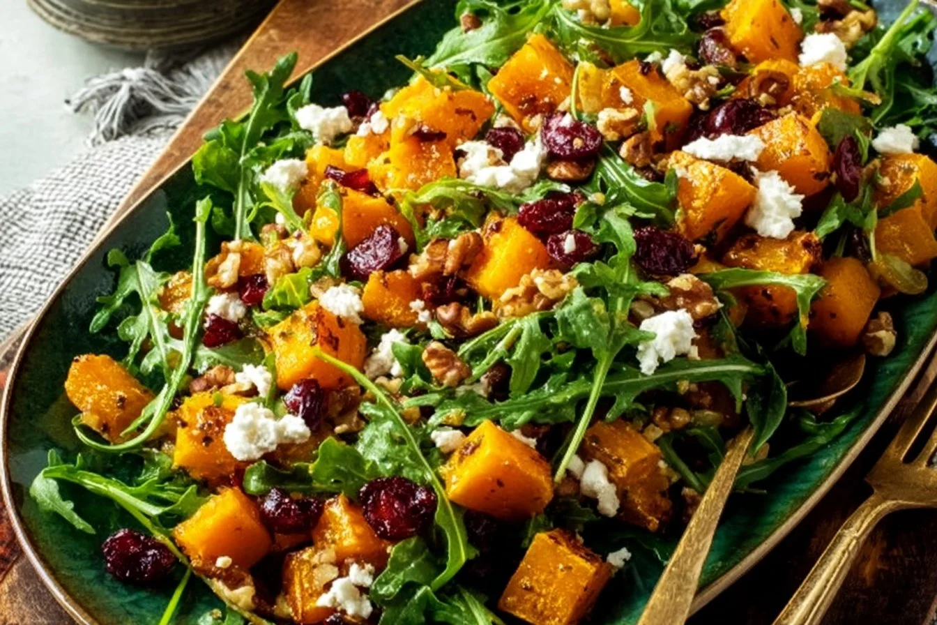 Butternut squash feta salad with greens and nuts served in a bowl