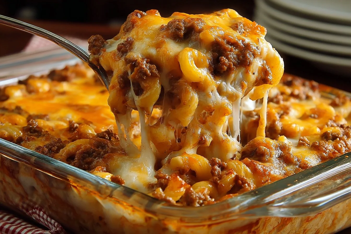 Cheesy Hamburger Casserole served in a baking dish, perfect for family dinners