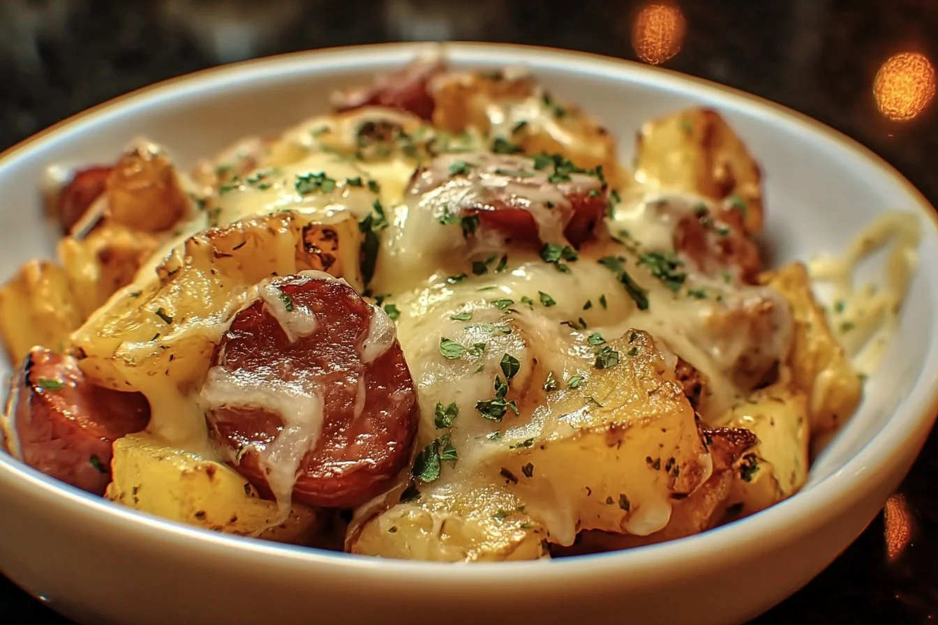 Cheesy ranch potatoes with smoked sausage served in a dish