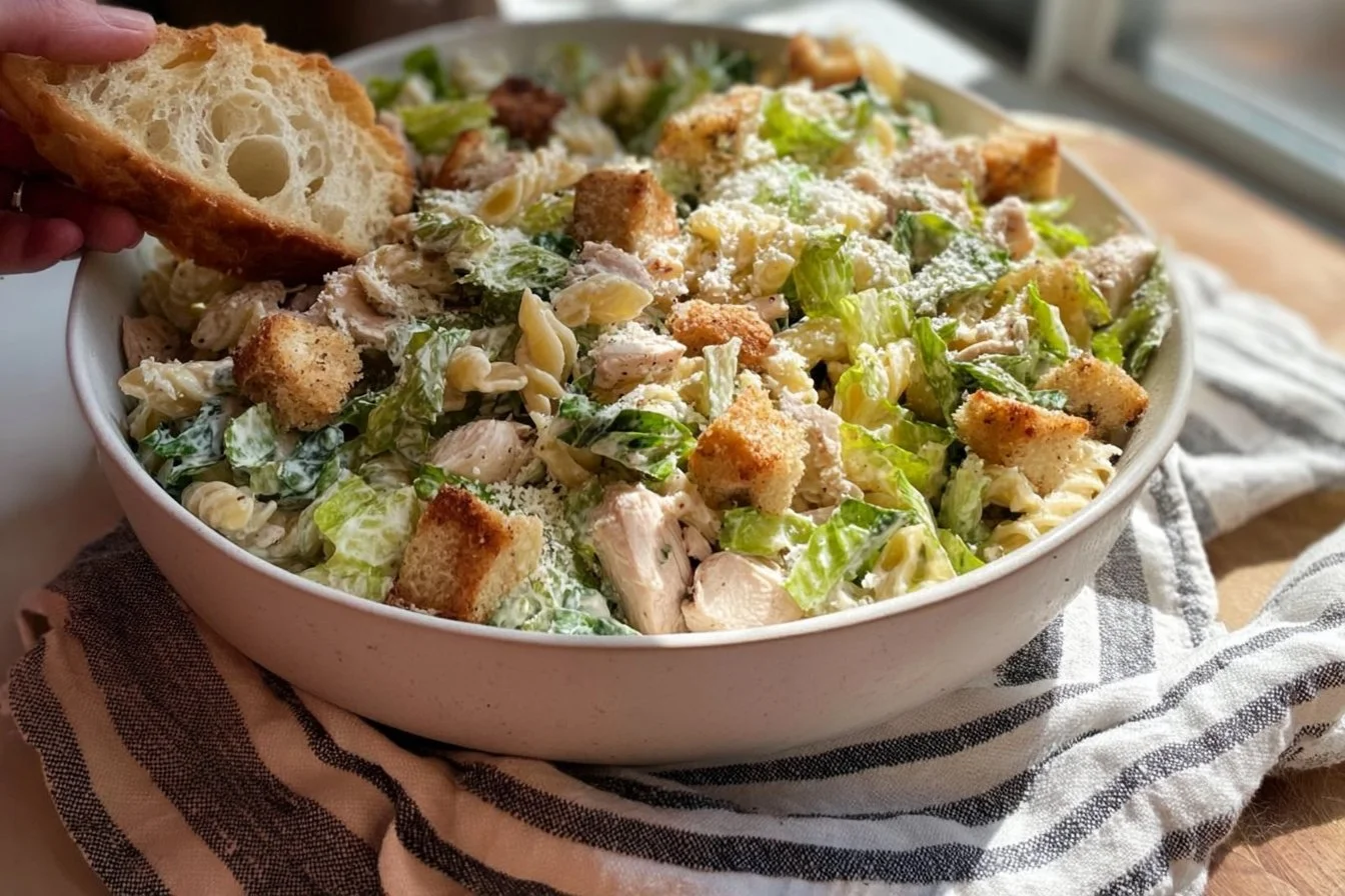 Delicious Chicken Caesar Pasta Salad with grilled chicken and dressing