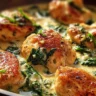 Plate of Chicken Florentine with spinach and creamy sauce