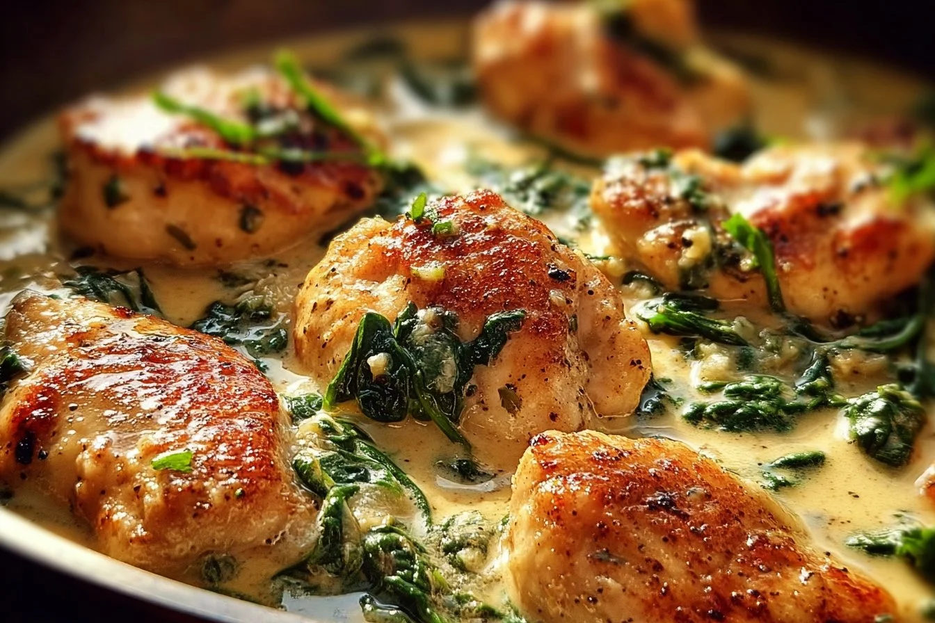 Plate of Chicken Florentine with spinach and creamy sauce