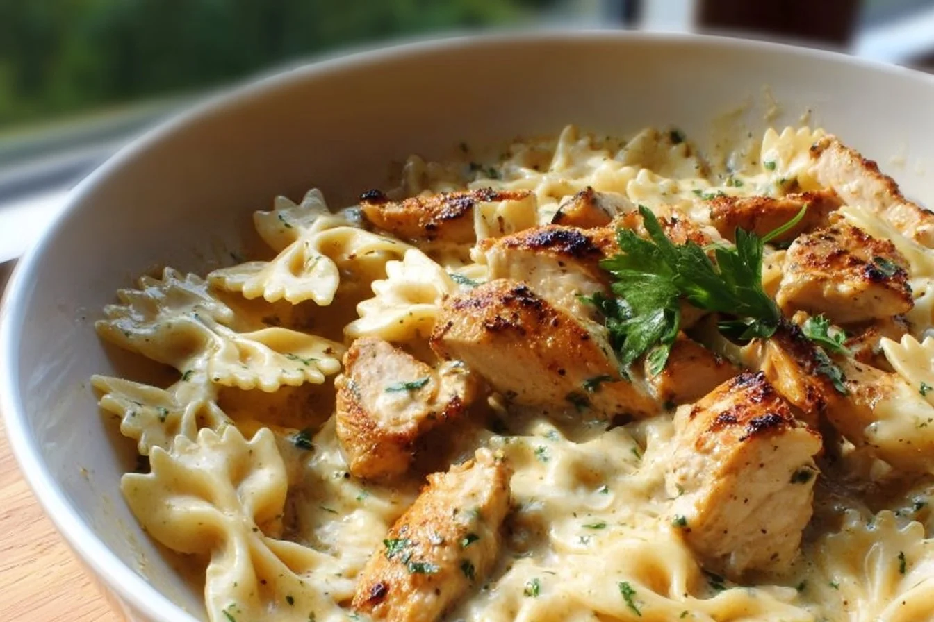 Creamy Chicken Garlic Parmesan Pasta served with herbs.