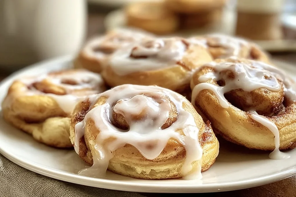 Freshly baked cinnamon roll cookies with icing on top