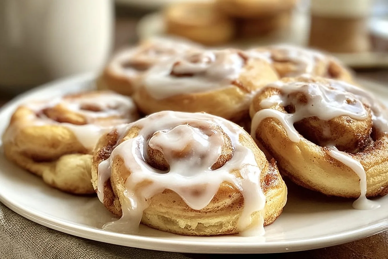 Freshly baked cinnamon roll cookies with icing on top