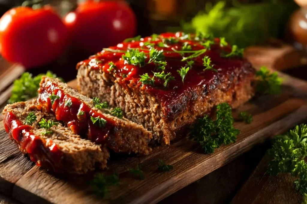 Delicious classic meatloaf served with mashed potatoes and green beans