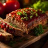 Delicious classic meatloaf served with mashed potatoes and green beans