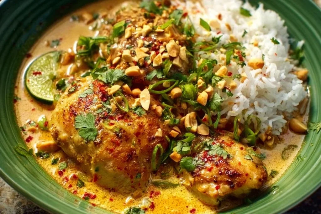 Delicious Coconut Lime Chicken garnished with cilantro and lime