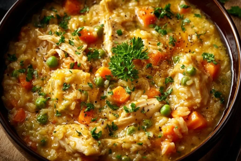 Creamy Crockpot Chicken and Rice dish served in a bowl