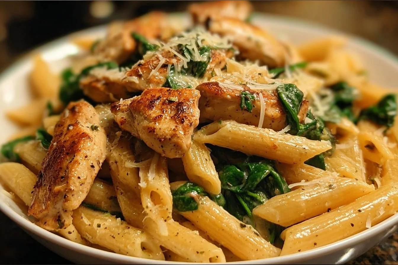 Creamy garlic parmesan chicken pasta served with herbs and cheese.